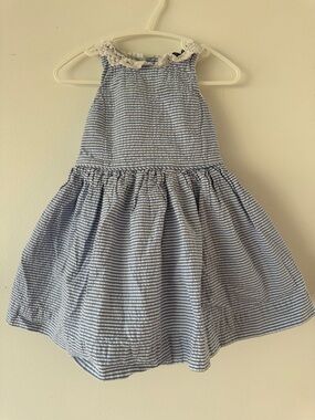 Polo by Ralph Lauren Blue & White Striped Halter Dress with Lace Trim